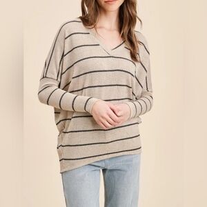 Stripe Knit Dolman Lightweigjt V-Neck Sweater - Beige and Black